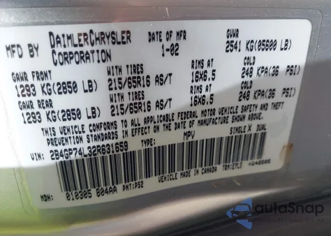 2002 Dodge Grand Caravan Ex z USA, uszkodzony, nr VIN 2B4GP74L32R631659